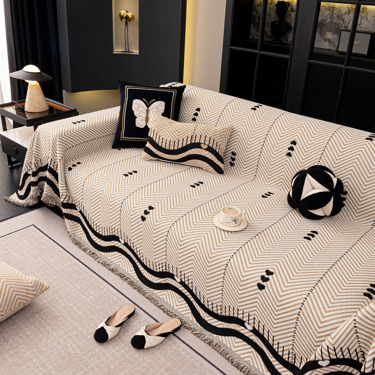 Chenille Sofa Throw Cover, Textured Chevron Decorative Couch Blanket for Living Room