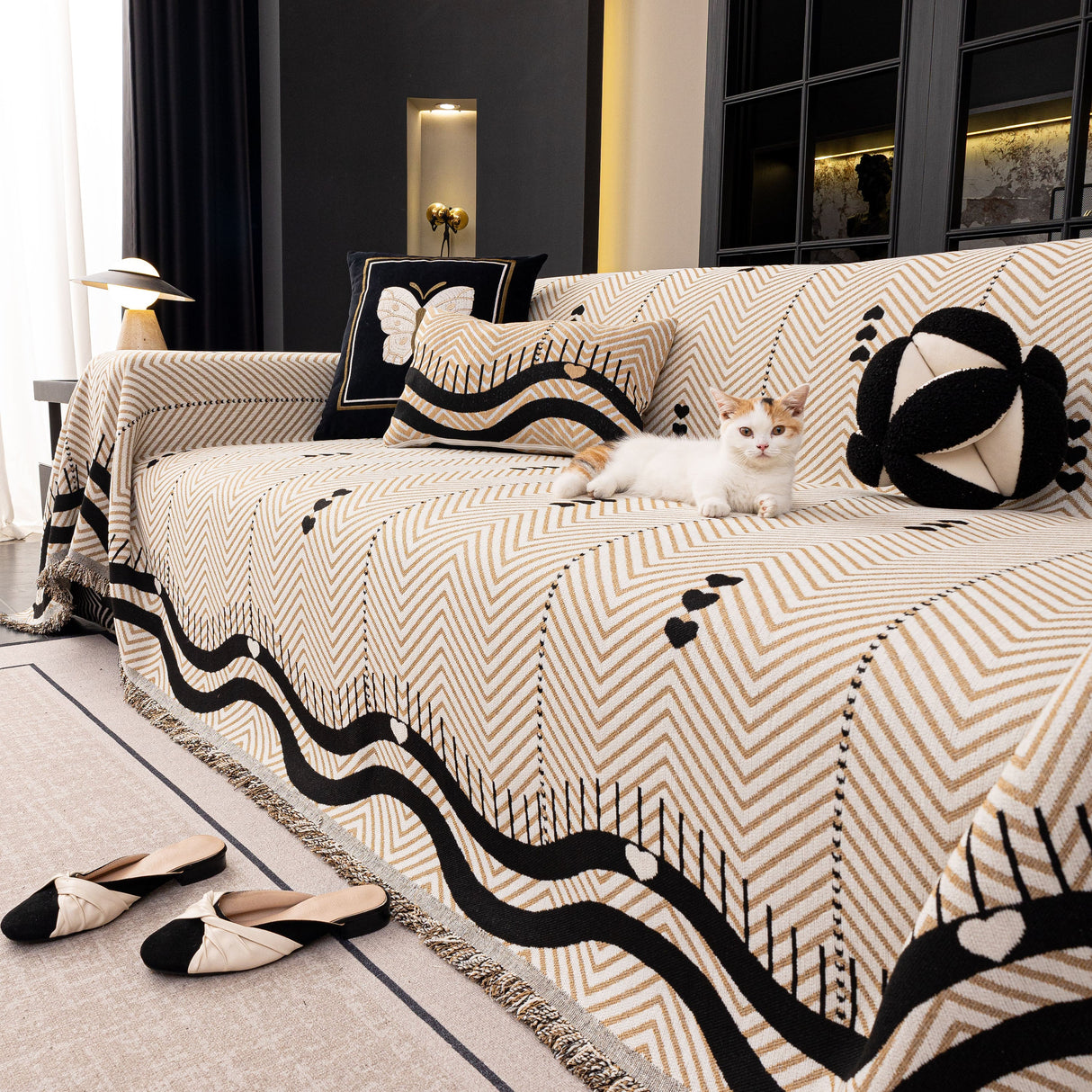 Chenille Sofa Throw Cover, Textured Chevron Decorative Couch Blanket for Living Room