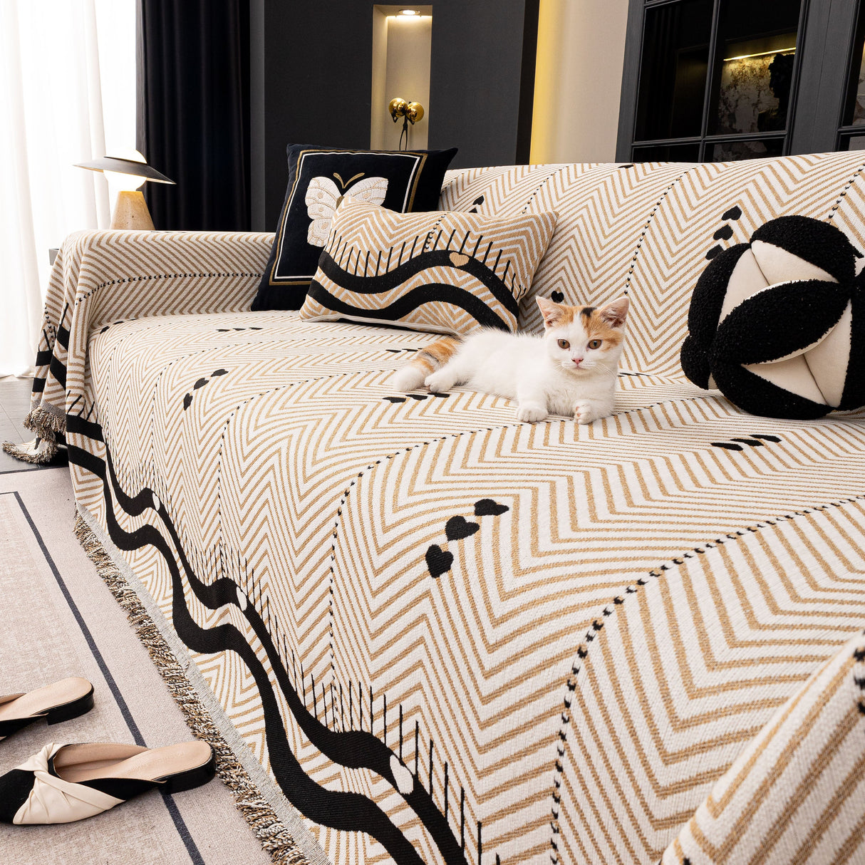 Chenille Sofa Throw Cover, Textured Chevron Decorative Couch Blanket for Living Room