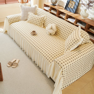 Grid Textured Sofa Cover with Sheer Ruffle Skirt, Pet-Friendly Sofa Throw Slipcover