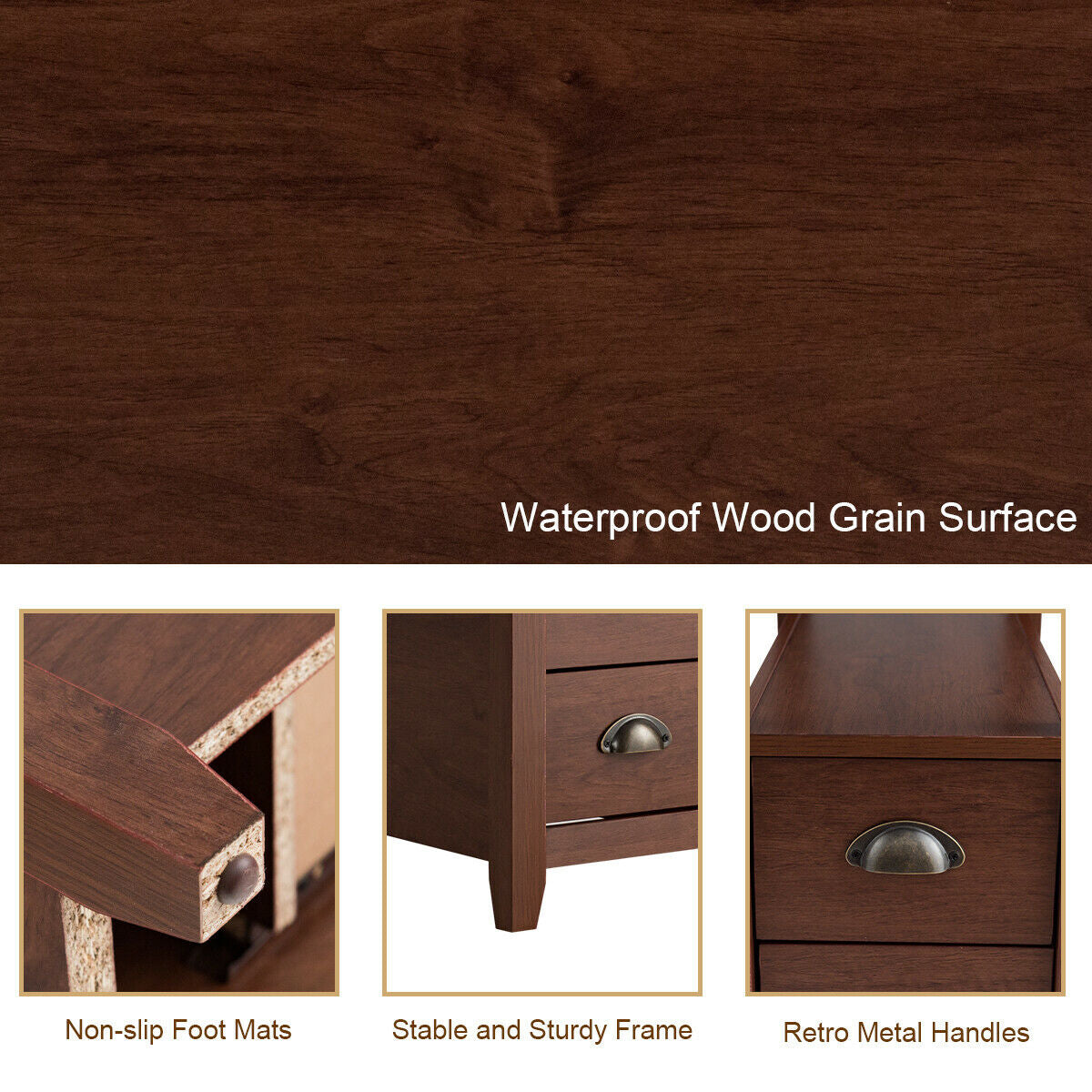 Set of 2 End Table Wooden with 2 Drawer & Shelf Bedside Table-Brown