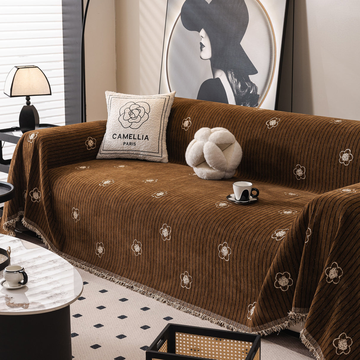 Chenille Camellia Floral Sofa Throw Cover Couch Blanket with Striped Jacquard