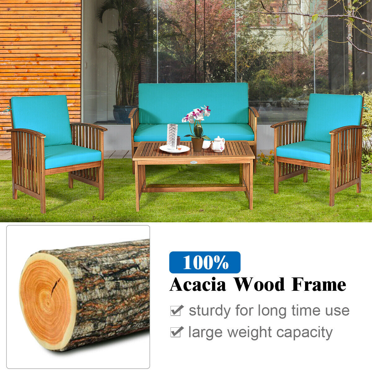 4 Pieces Patio Solid Wood Furniture Set-Beige