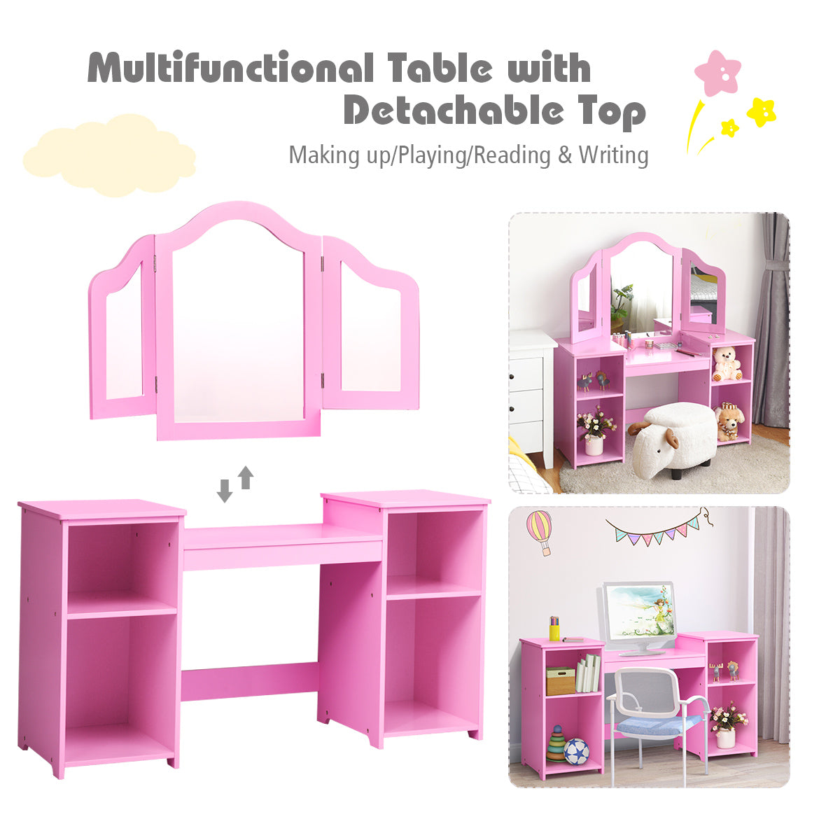 Kids Tri Folding Mirror Makeup Dressing Vanity Table Set-White