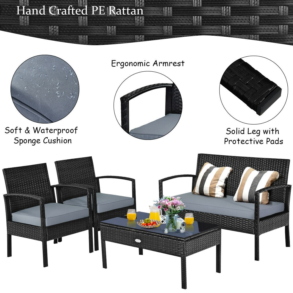 4 Pieces Patio Rattan Cushioned Furniture Set with Loveseat and Table -Brown