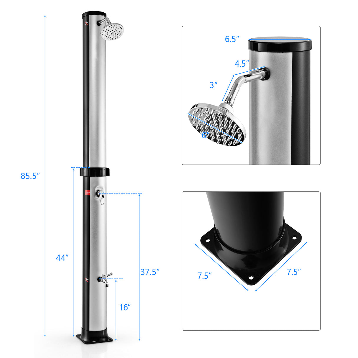 7.2 Feet Solar-Heated Outdoor Shower with Free-Rotating Shower Head-Black