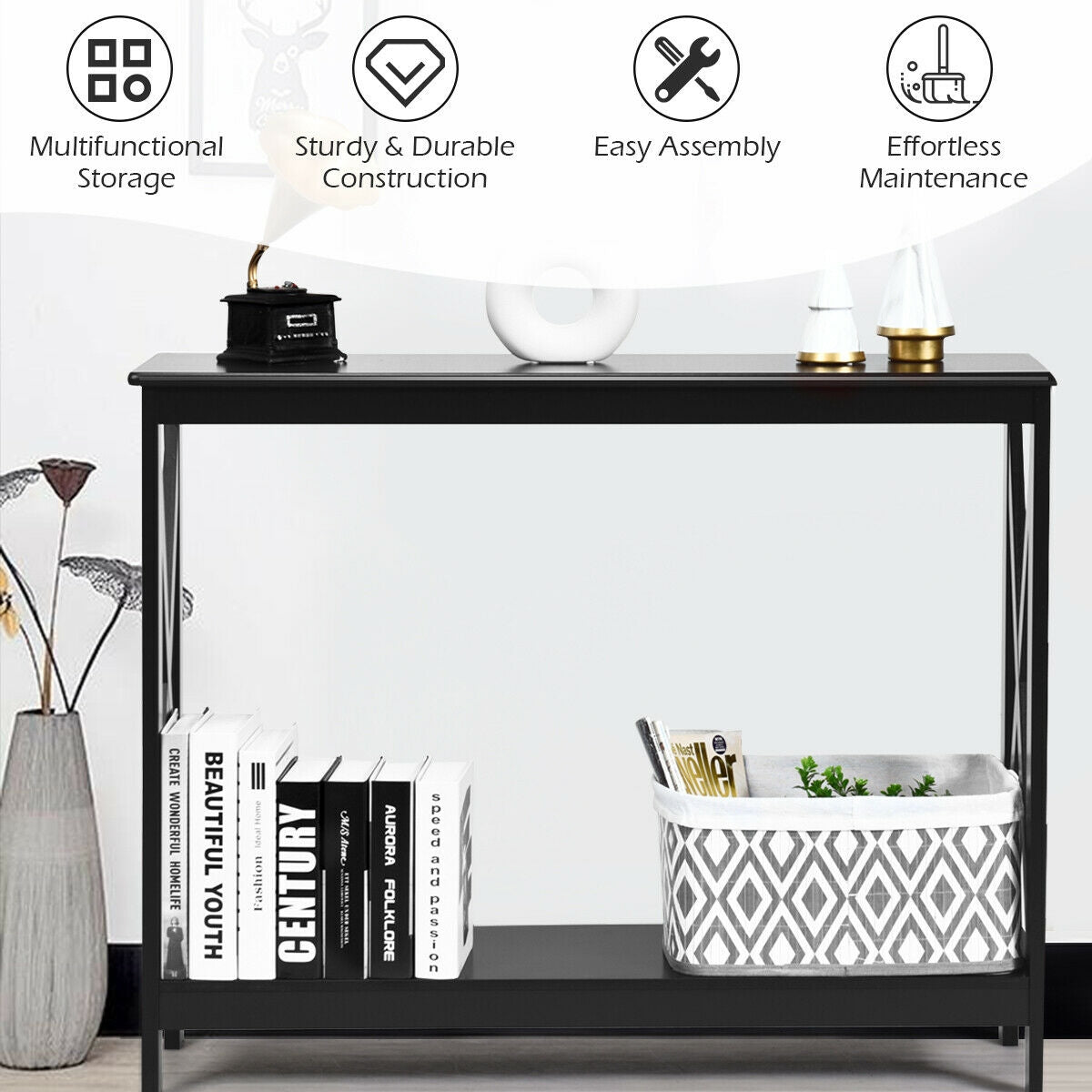 2-Tier Console X-Design Sofa Side Accent Table-Black