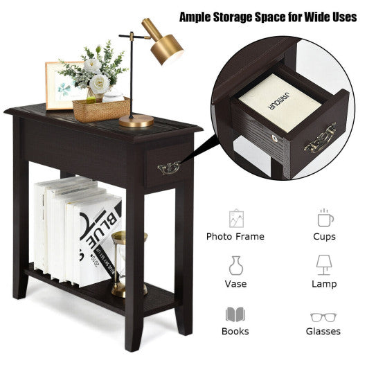 2 Tier End Bedside Sofa Side Table Narrow Nightstand-Black
