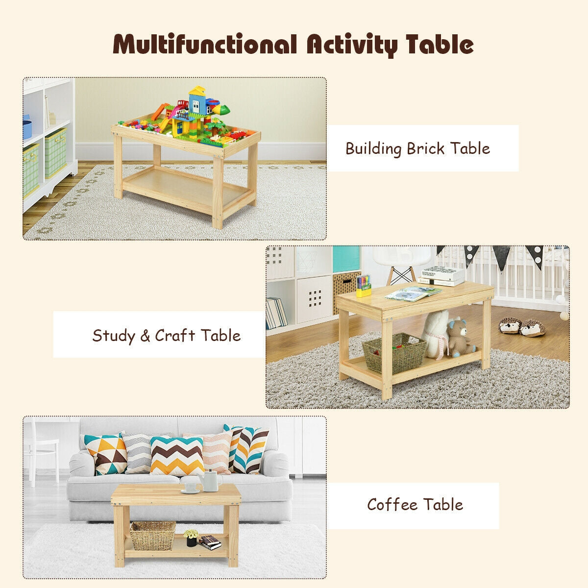 Solid Multifunctional Wood Kids Activity Play Table-Dark Brown