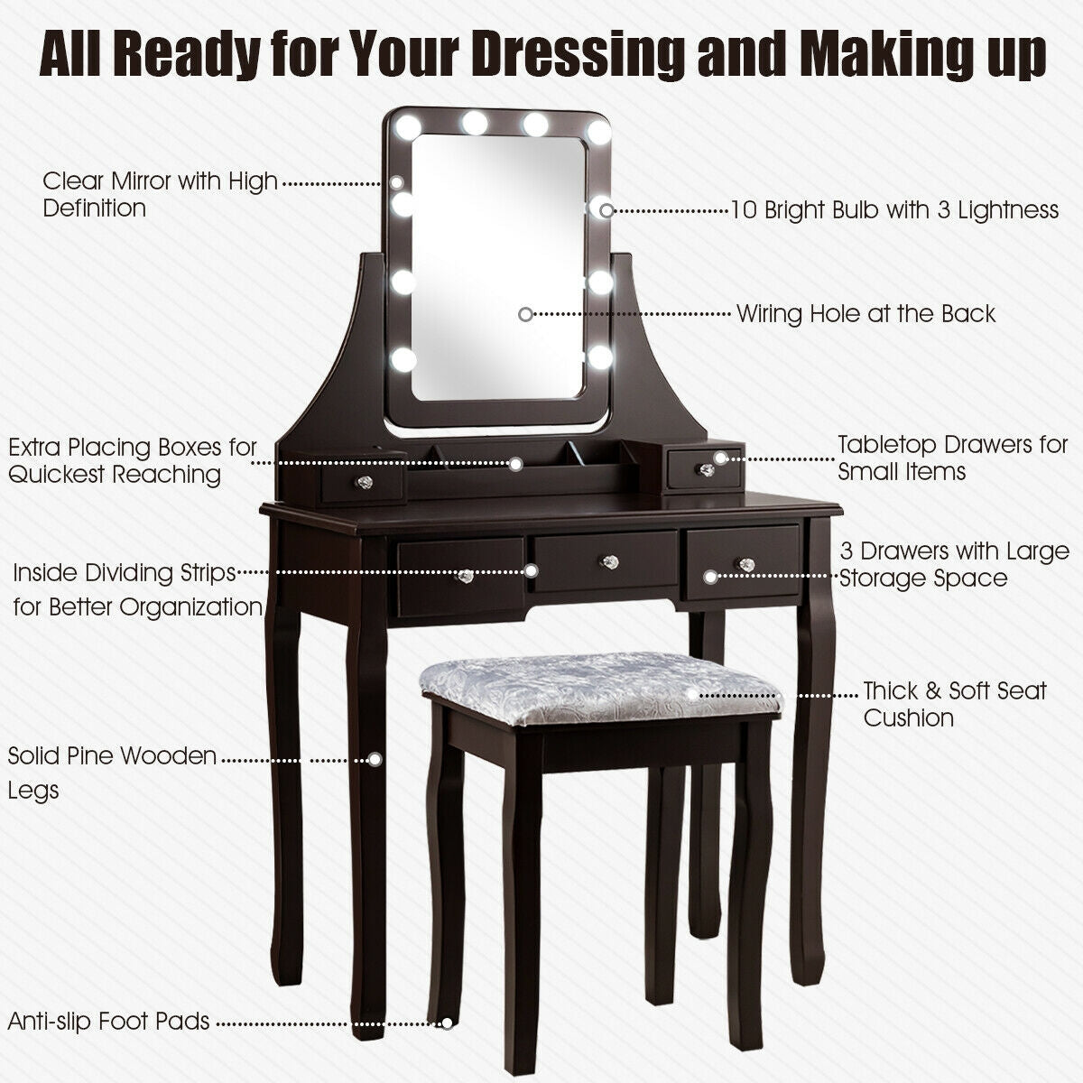 Vanity Dressing Table Set with 10 Dimmable Bulbs and Cushioned Stool-Black