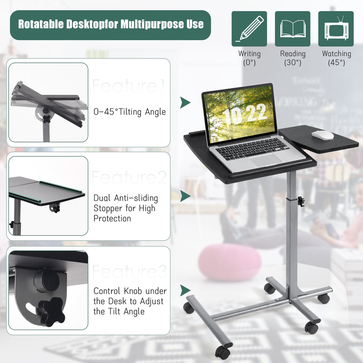 Adjustable Angle Height Rolling Laptop Table-Black