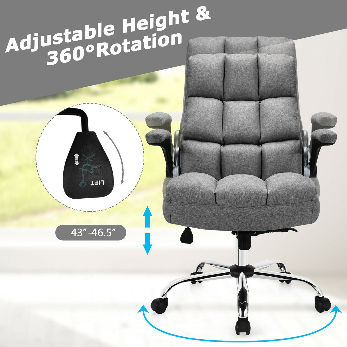 Adjustable Swivel Office Chair with High Back and Flip-up Arm for Home and Office-Beige