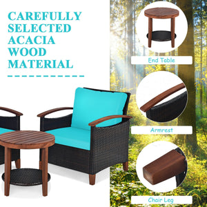 3 Pieces Patio Rattan Furniture Set with Washable Cushion and Acacia Wood Tabletop-Blue