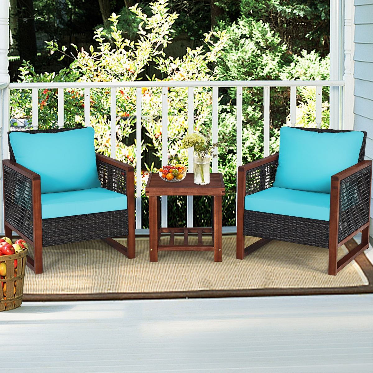 3 Pieces Patio Wicker Furniture Set with Washable Cushion and Acacia Wood Coffee Table-Beige