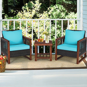 3 Pieces Patio Wicker Furniture Set with Washable Cushion and Acacia Wood Coffee Table-Beige