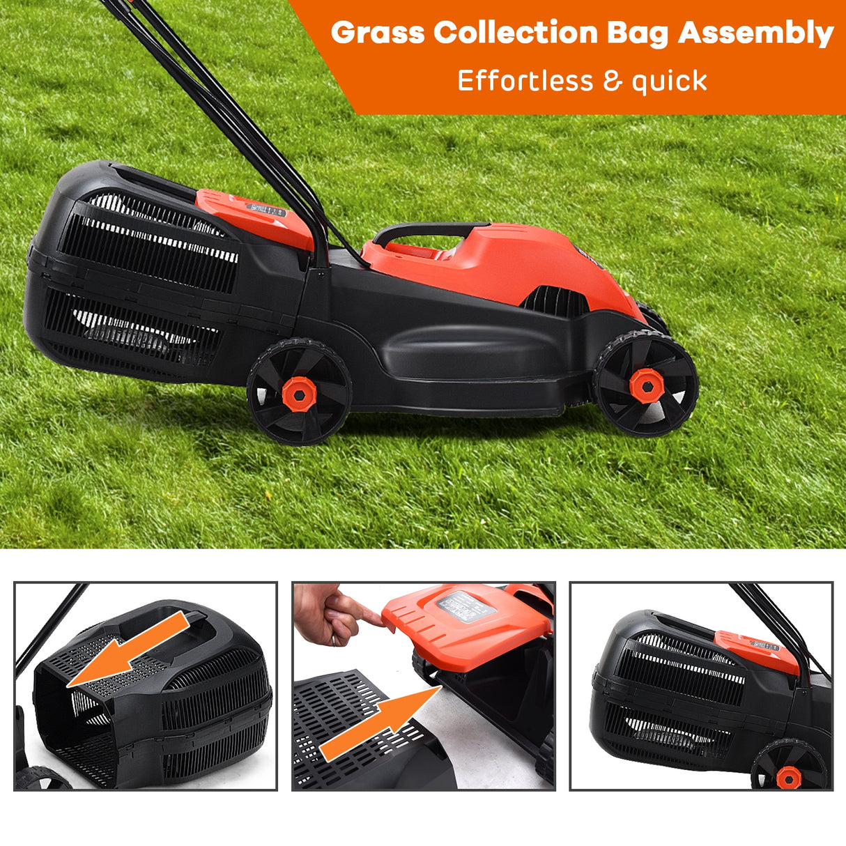 13 Inch Electric Push Lawn Corded Mower with Grass Bag-Green