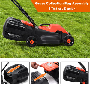 13 Inch Electric Push Lawn Corded Mower with Grass Bag-Green
