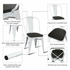 4 Pieces Tolix Style Metal Dining Side Chair Stackable Wood Seat-White