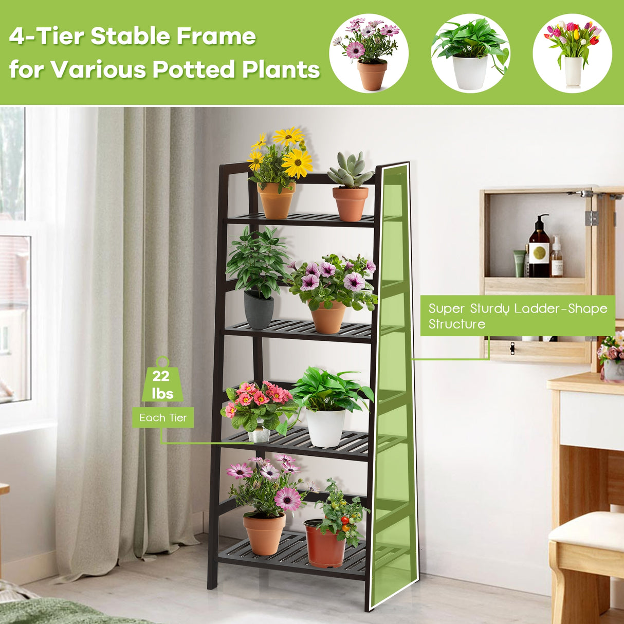 4-Tier Bamboo Plant Rack with Guardrails Stable and Space-Saving-Natural