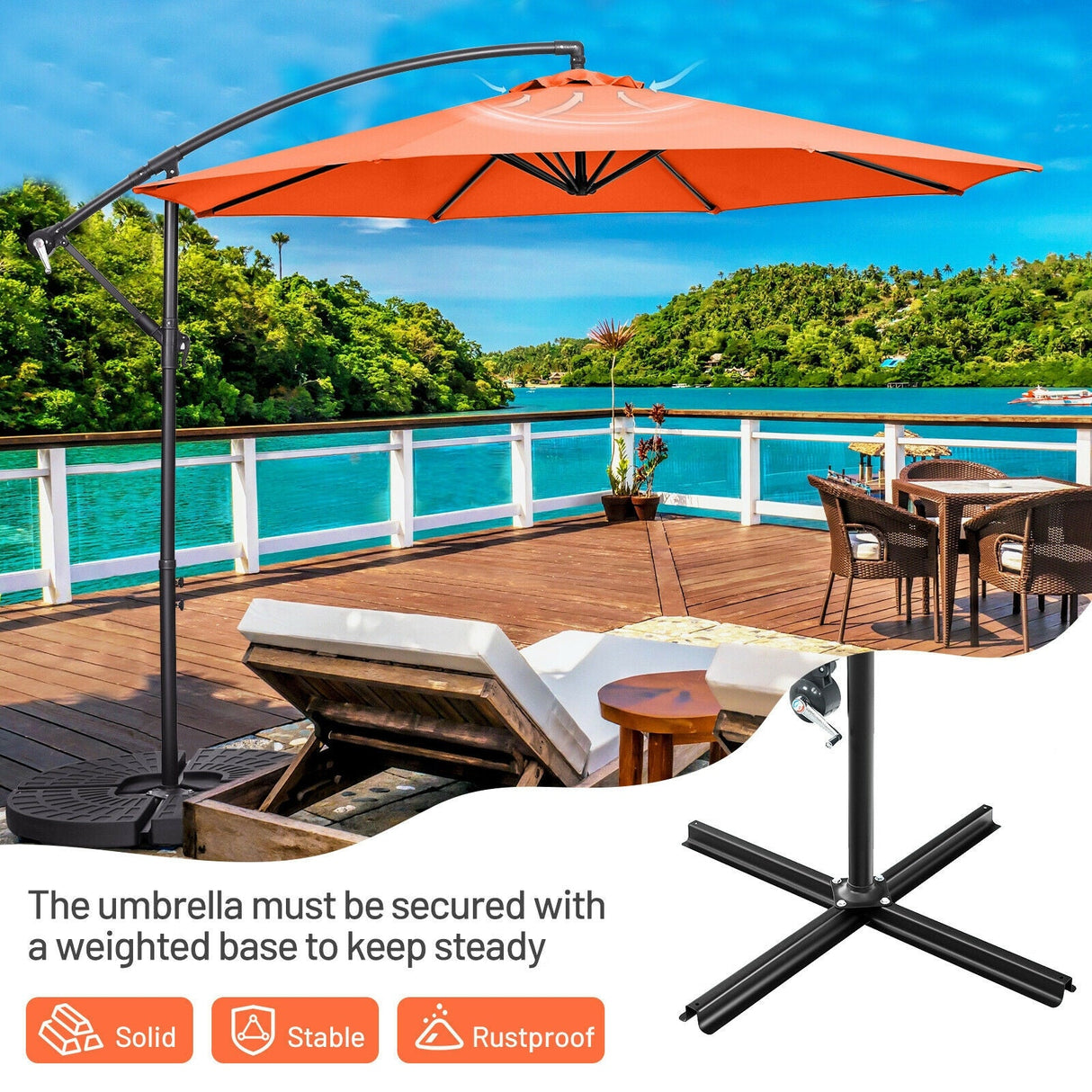 10 Feet Offset Umbrella with 8 Ribs Cantilever and Cross Base-Orange by DirectDeals