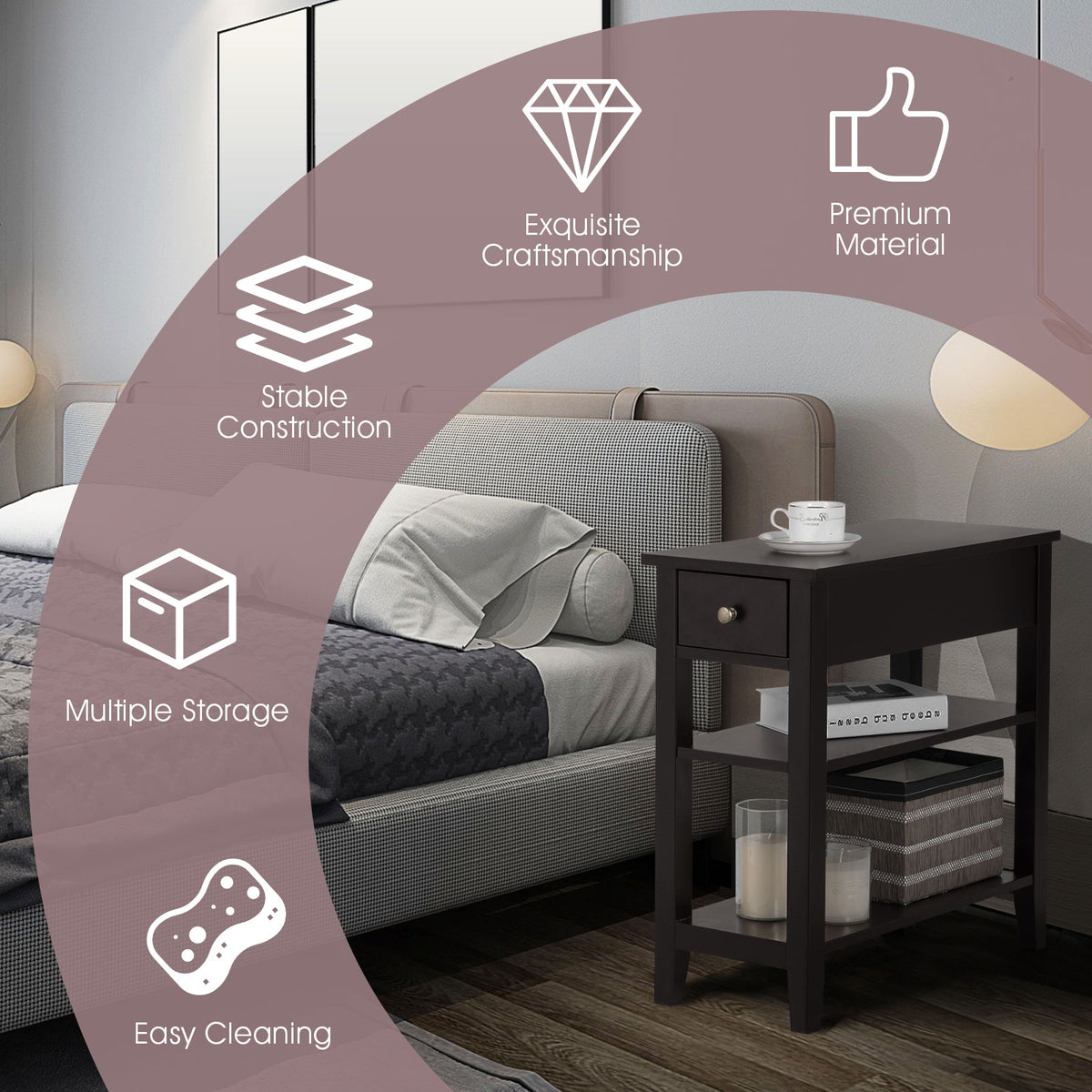 3-Tier End Table with Drawer slideway and Double Shelves-Brown