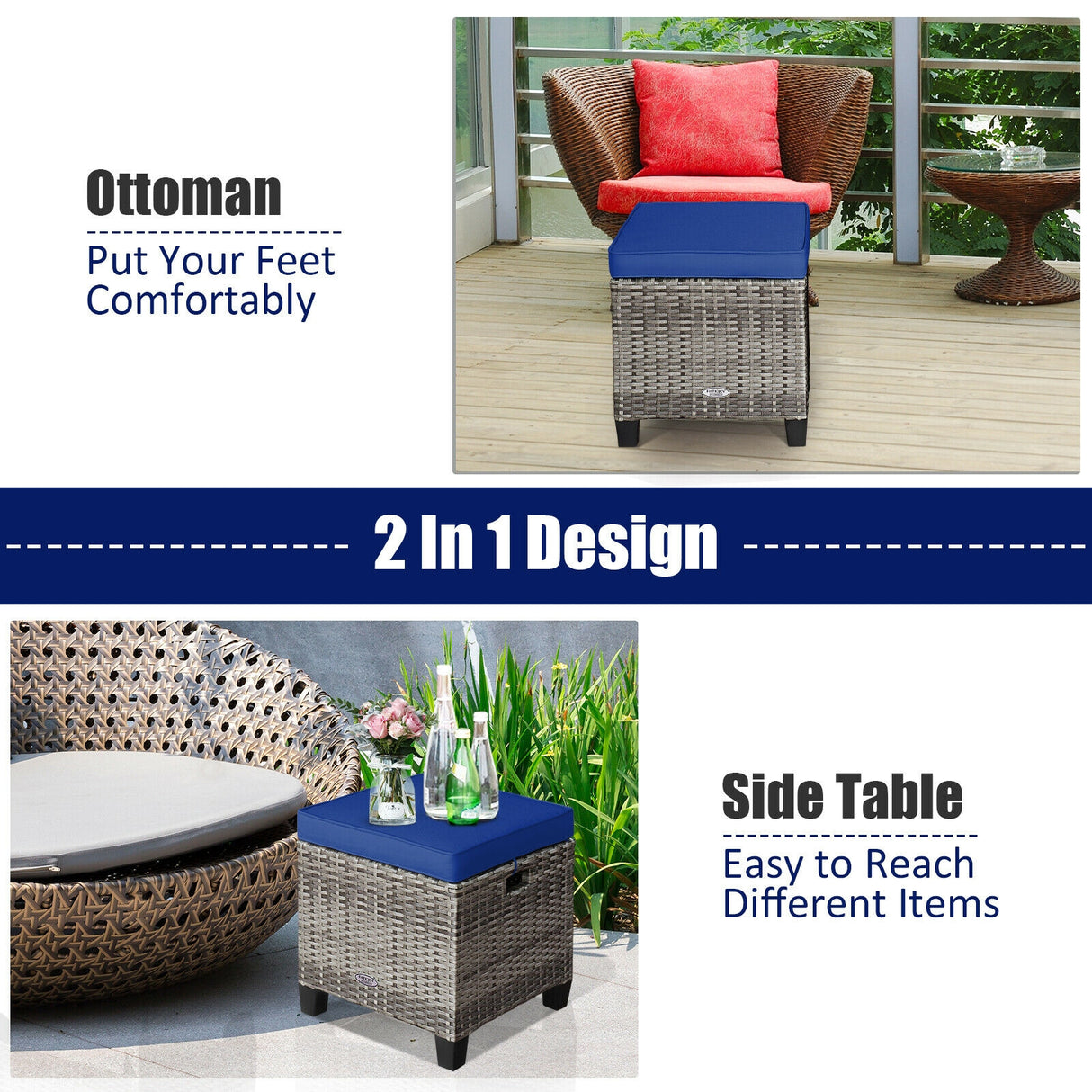 2PCS Patio Rattan Wicker Ottoman Seat with Removable Cushions-Red