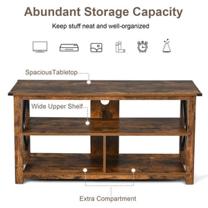 3 Tier Wood TV Stand for 55-Inch with Open Shelves and X-Shaped Frame-Brown