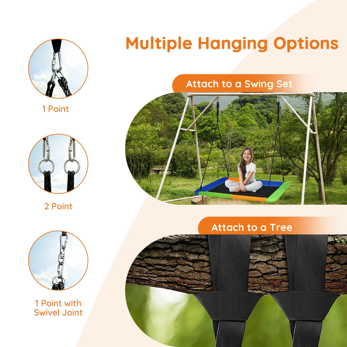 60 Inches Platform Tree Swing Outdoor with  2 Hanging Straps-Multicolor