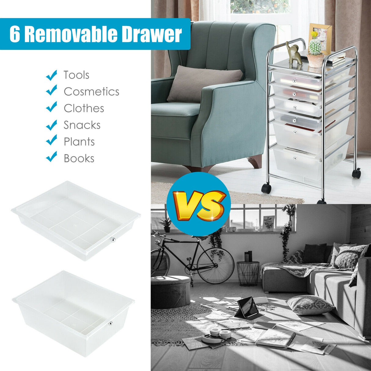 6 Drawers Rolling Storage Cart Organizer-Transparent Multicolor