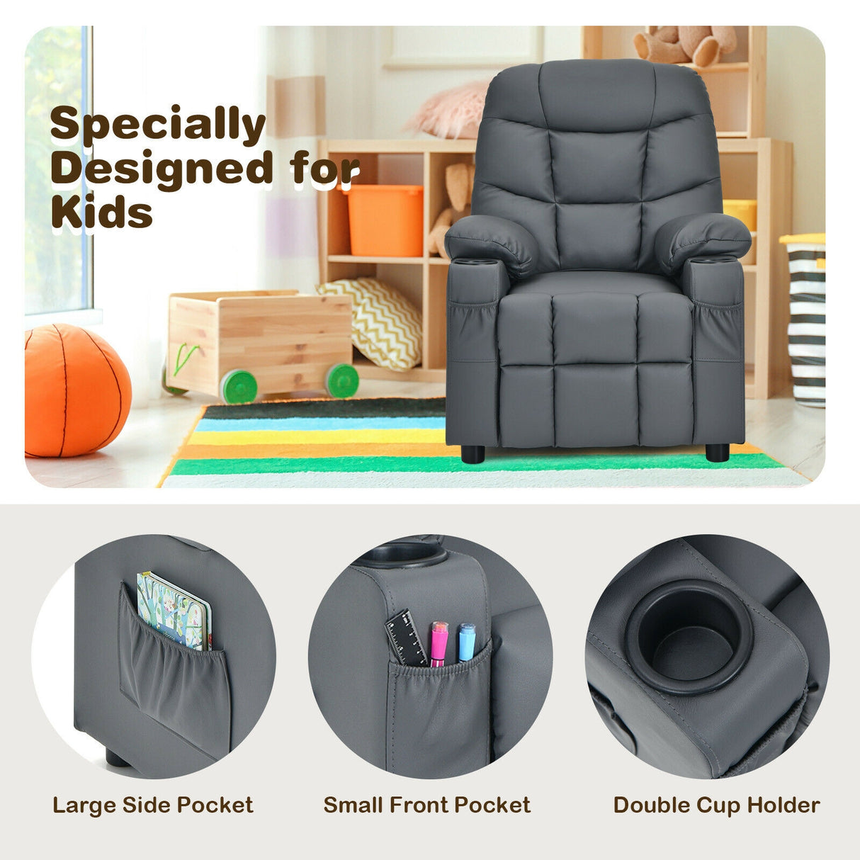 Kids Recliner Chair with Cup Holder and Footrest for Children-Blue