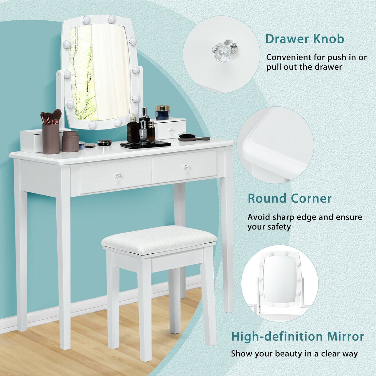 Vanity Table Set with Lighted Mirror for Bedroom and Dressing Room-Black
