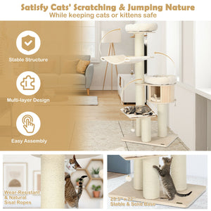 4-Layer 68.5-Inch Wooden Cat Tree Condo Activity Tower with Sisal Posts-Natural