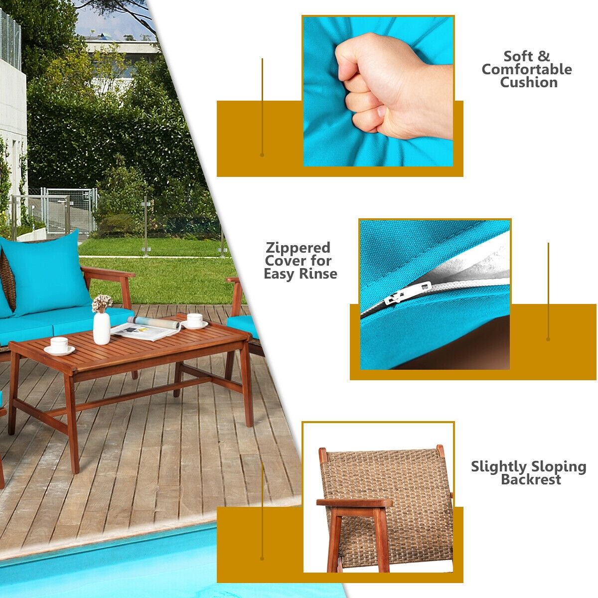 4 Pieces Acacia Wood Patio Rattan Furniture Set with Zippered Cushions-Brown