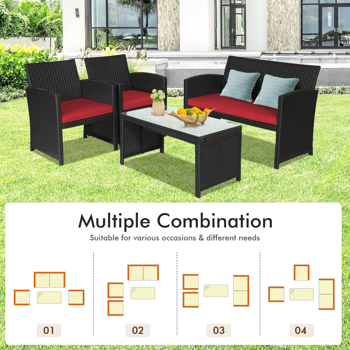 4 Pieces Rattan Patio Furniture Set with Weather Resistant Cushions and Tempered Glass Tabletop-White