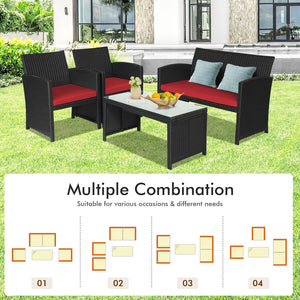4 Pieces Rattan Patio Furniture Set with Weather Resistant Cushions and Tempered Glass Tabletop-White