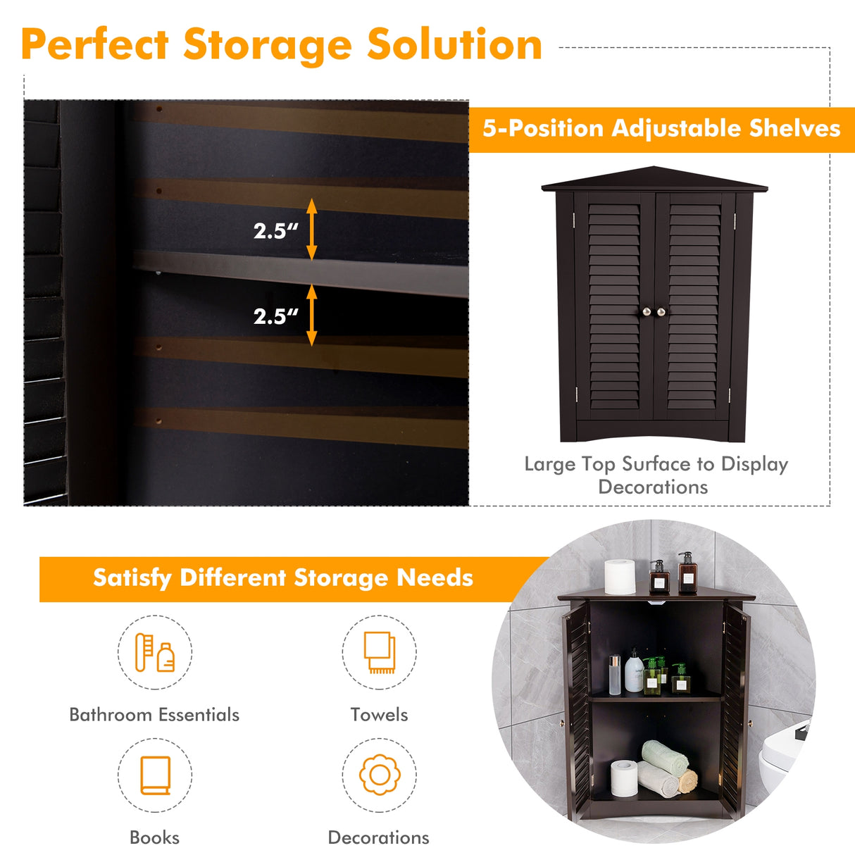 Adjustable Corner Storage Cabinet with Shutter Doors-White
