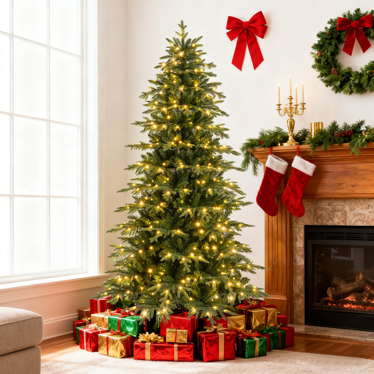 7.5 Feet Pre-Lit Artificial Christmas Tree Hinged Xmas Tree with LED Lights