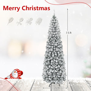 7.5 Feet Unlit Hinged Snow Flocked Artificial Pencil Christmas Tree with 641 Tips