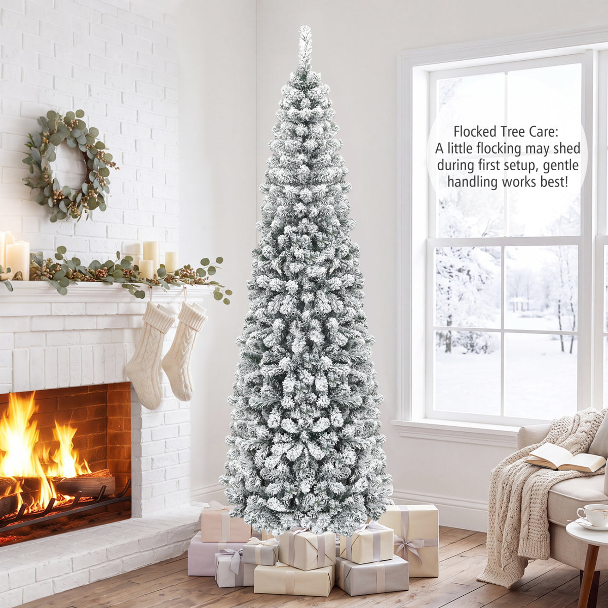 7.5 Feet Unlit Hinged Snow Flocked Artificial Pencil Christmas Tree with 641 Tips