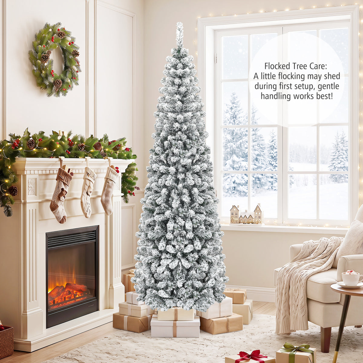 7.5 Feet Unlit Hinged Snow Flocked Artificial Pencil Christmas Tree with 641 Tips