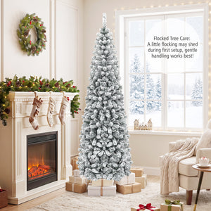 7.5 Feet Unlit Hinged Snow Flocked Artificial Pencil Christmas Tree with 641 Tips
