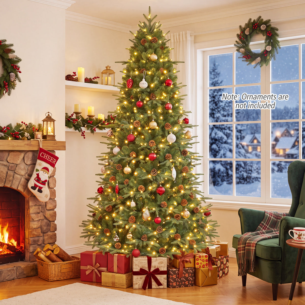 7.5 ft Artificial Christmas Tree with LED Lights and Pine Cones