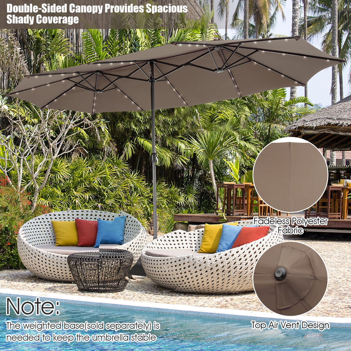 15 Feet Twin Patio Umbrella with 48 Solar LED Lights-Beige