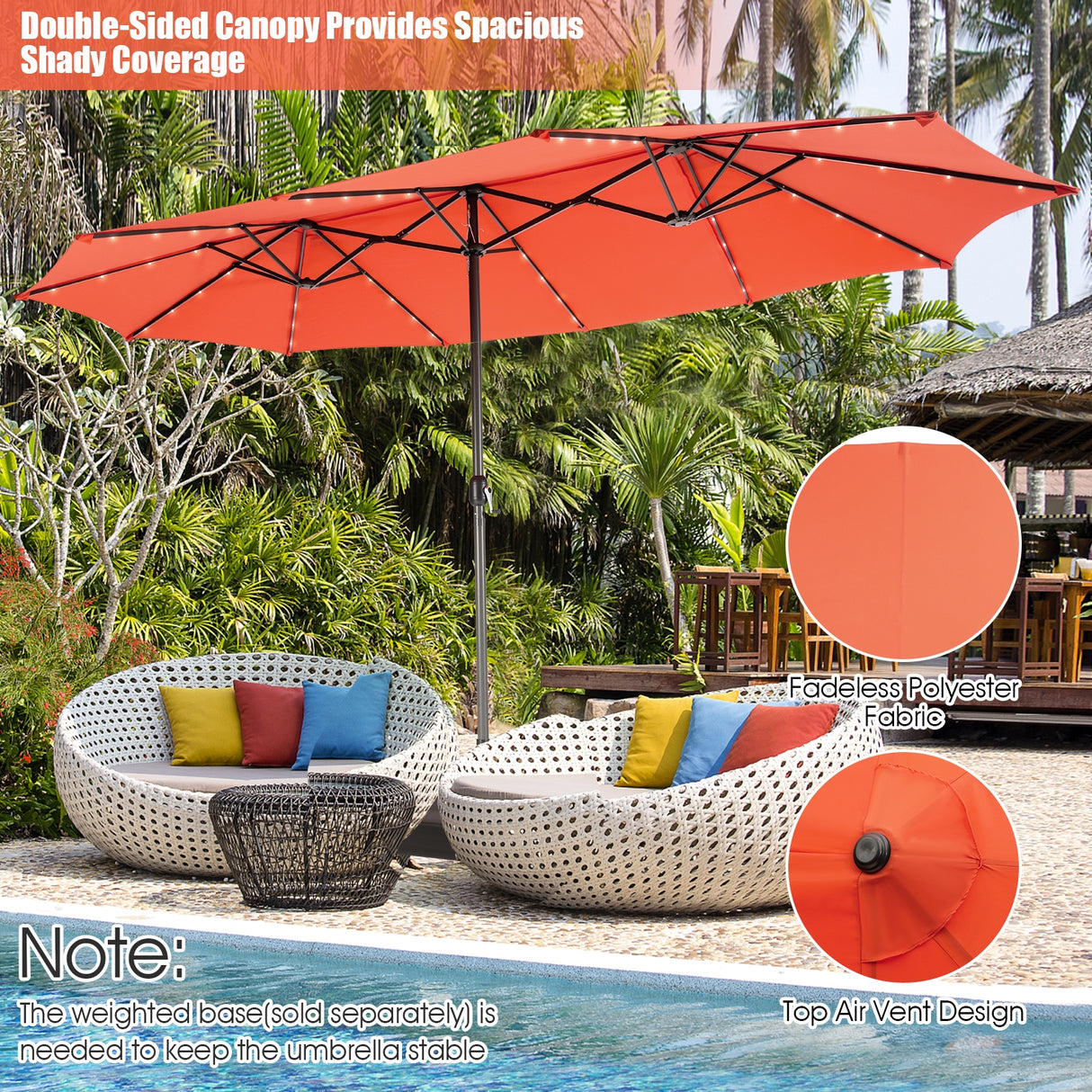15 Feet Twin Patio Umbrella with 48 Solar LED Lights-Beige