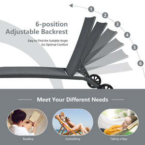 6-Poisition Adjustable Outdoor Chaise Recliner with Wheels-Black