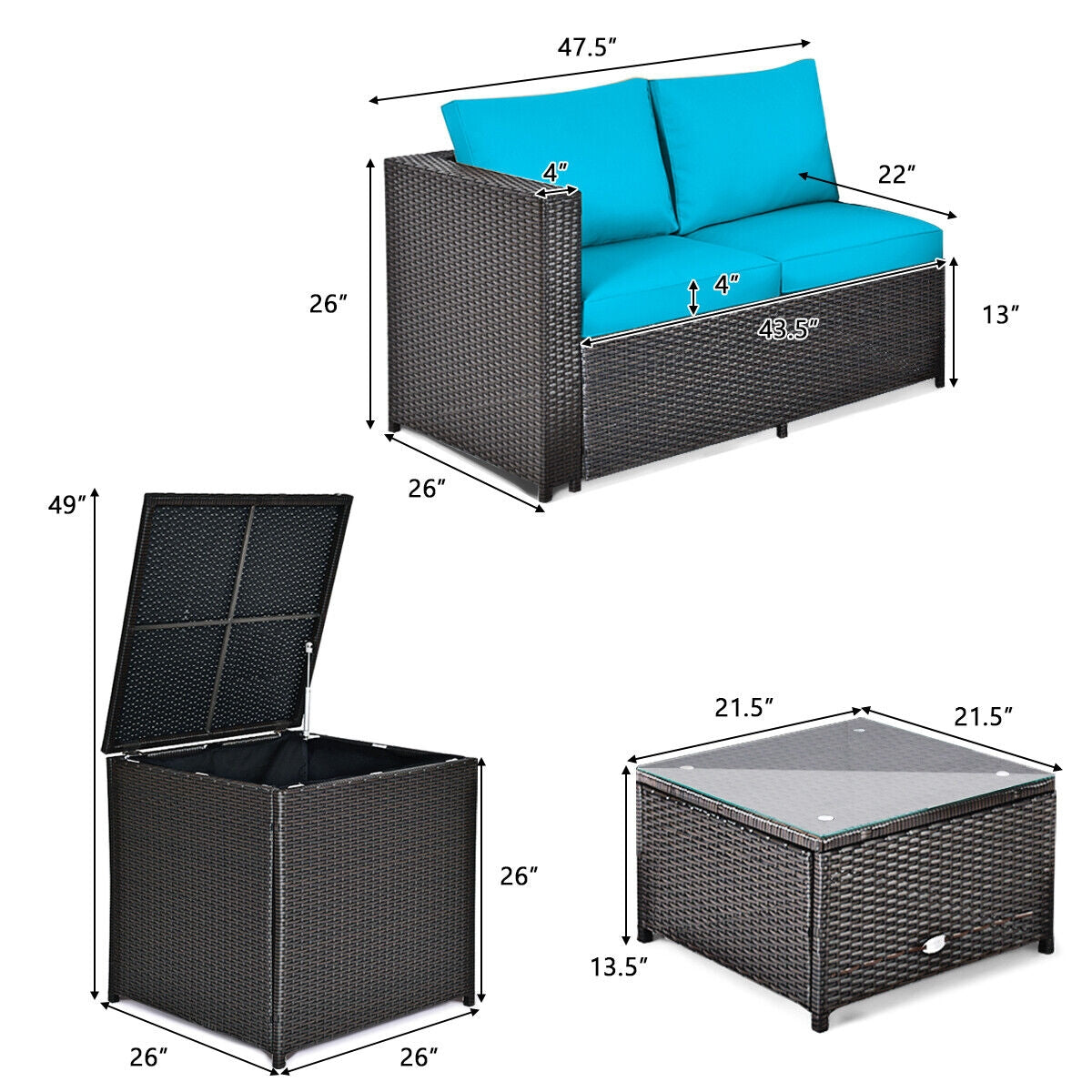 4 Pieces Outdoor Patio Rattan Furniture Set with Cushioned Loveseat and Storage Box-Brown