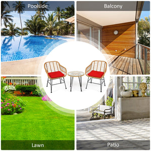 3 Pieces Rattan Furniture Set with Cushioned Chair Table-Red