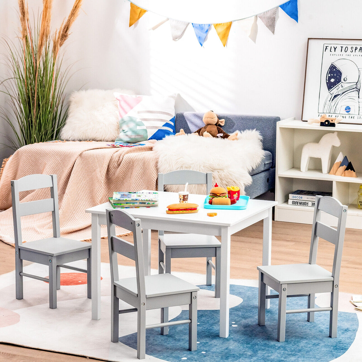5 pcs Kids Pine Wood Multicolor Table Chair Set