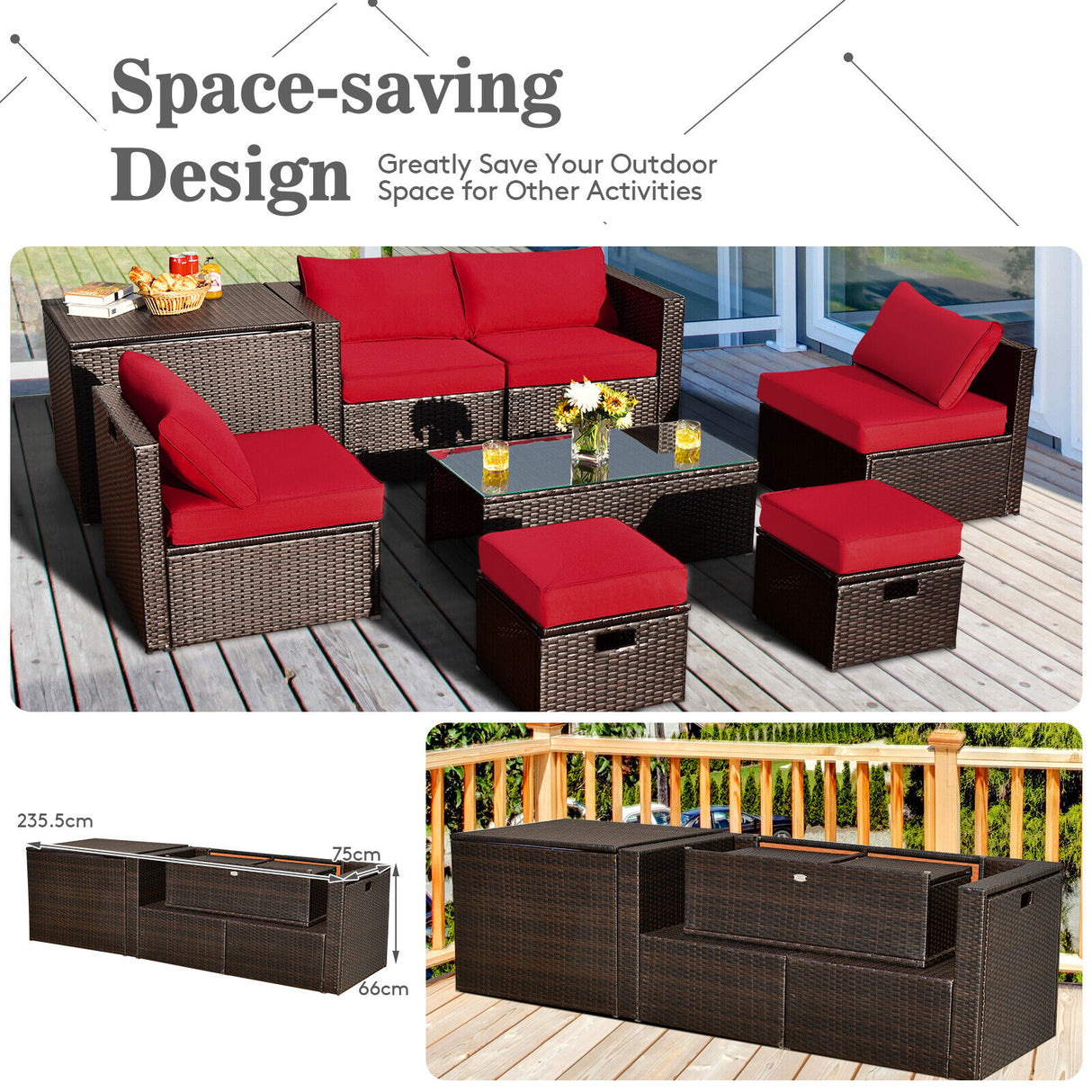 8 Pieces Patio Space-Saving Rattan Furniture Set with Storage Box and Waterproof Cover-Black
