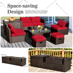 8 Pieces Patio Space-Saving Rattan Furniture Set with Storage Box and Waterproof Cover-Black